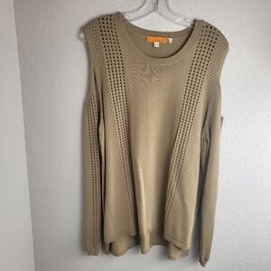 One A Cold Shoulder Long Sleeve Laser Cut Tan Top Women's Size XL